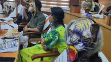 minister-suresh-gopis-announced-fund-not-received-ldf-councilors-protest-wearing-tiger-faces